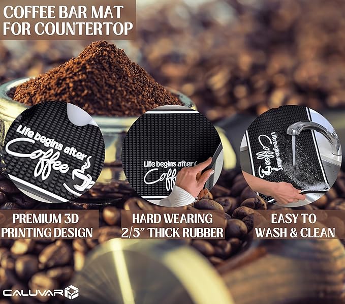 Life Begins After Coffee Bar Mat Sign for Countertop, 18x12 Coffee Machine Mat, Barista Shop Essentials for Your Station, Espresso Machine Protection for Countertop, Silicone Mats for Kitchen Counter