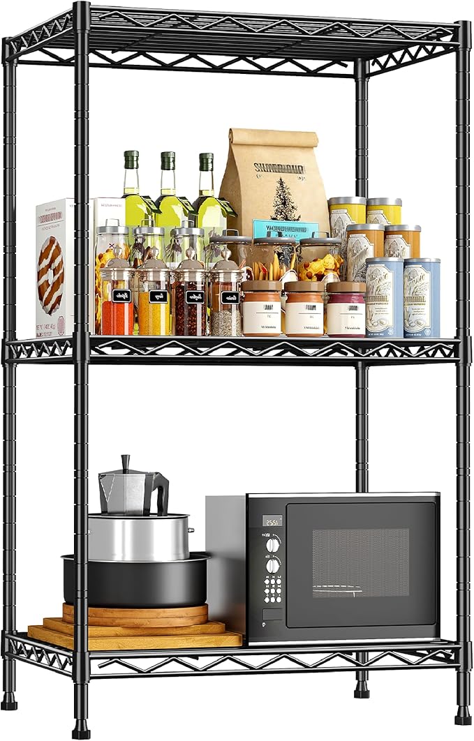 3 Tier Metal Wire Storage Shelves,Adjustable Small Wire Shelving Unit,Utility Storage Rack for Kitchen,Bedroom,Laundry Room,Pantry & Office,17.7”Wx11.8”Dx35.4”H,Black