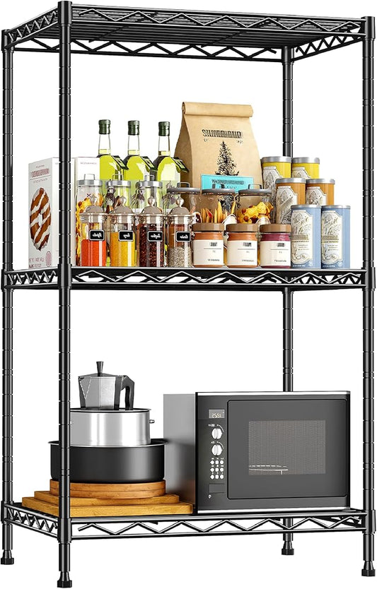 3 Tier Metal Wire Storage Shelves,Adjustable Small Wire Shelving Unit,Utility Storage Rack for Kitchen,Bedroom,Laundry Room,Pantry & Office,17.7”Wx11.8”Dx35.4”H,Black