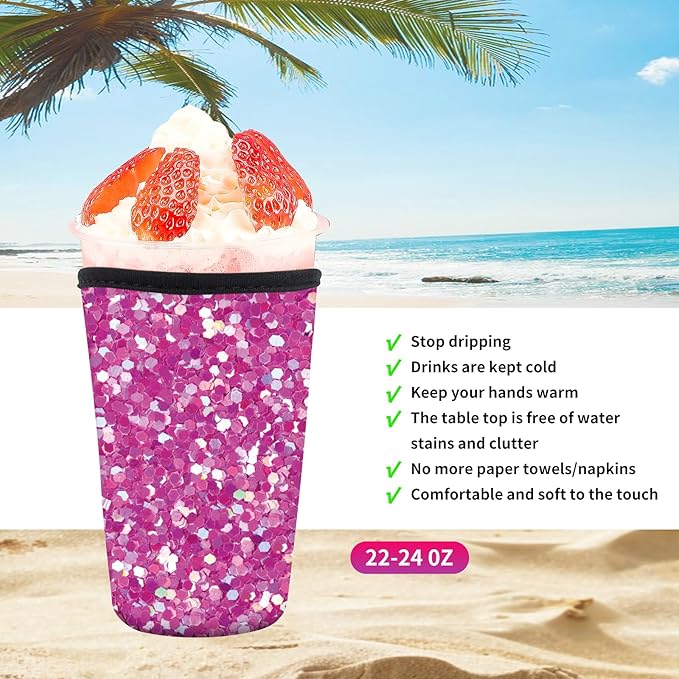 Reusable Neoprene Insulator Sleeve for Iced Coffee Cold Soda Cups, Cute Durable Drink Sleeve for Cold Beverages, Medium 22-28oz Cup Sleeve Luxuious Pink Marble