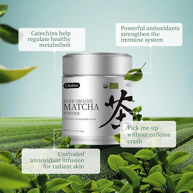 Chaism Ceremonial Grade Matcha Green Tea Powder - Premium First Harvest USDA Organic Gluten-Free Vegan, 100% Pure Unsweetened No Additives, 1.76oz Tin