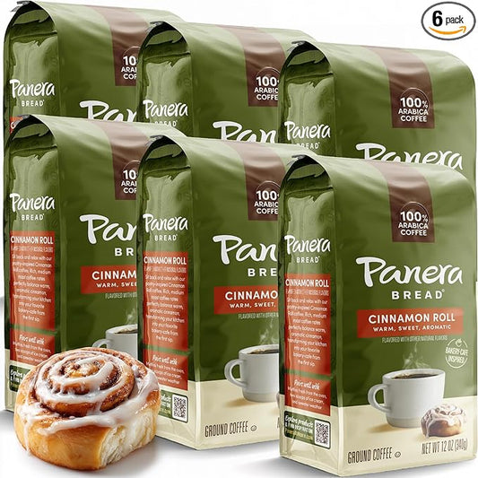 Panera Coffee Cinnamon Roll Ground Coffee, 100% Arabica Medium Roast, Bakery-Inspired Flavor, No Artificial Ingredients, 12oz Bag Pack of 6 (72 oz Total) for Home Brewing