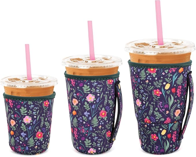 3 Pack Iced Coffee sleeve Insulated Neoprene Cup Sleeves with handle For Cold Drinks Beverages, Reusable Cup Holder for 16oz-32oz Coffee Cups (Vintage Flowers)