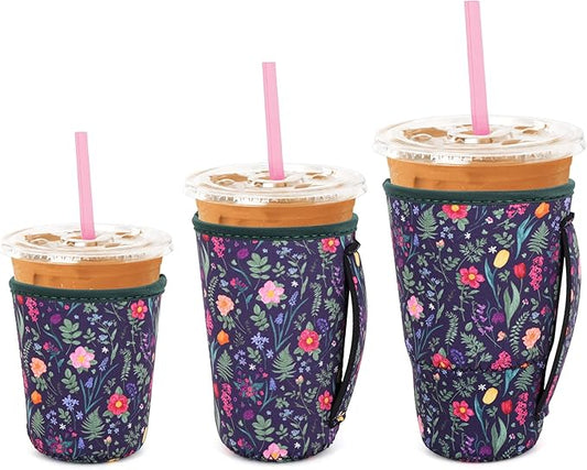 3 Pack Iced Coffee sleeve Insulated Neoprene Cup Sleeves with handle For Cold Drinks Beverages, Reusable Cup Holder for 16oz-32oz Coffee Cups (Vintage Flowers)
