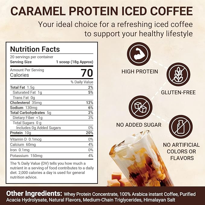Protein Coffee Powder - Caramel Protein Iced Coffee, 0g Sugar, Keto Friendly, 80 mg Caffeine Per Serving - 20 Servings