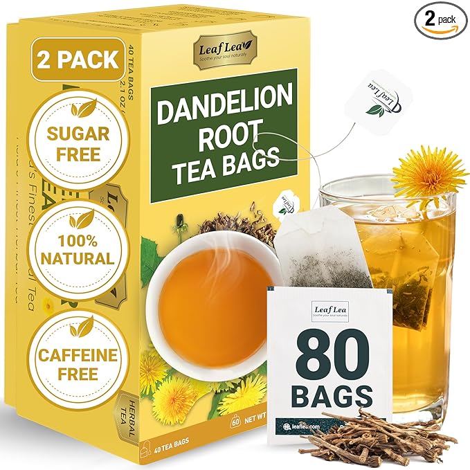 LeafLea 80 Dandelion Tea Bags, All Natural Dandelion Root Tea, Supports Digestion & Immune Health, Caffeine-Free, Vegan, No Sugar, Individually Wrapped Tea Bags, 2 Pack