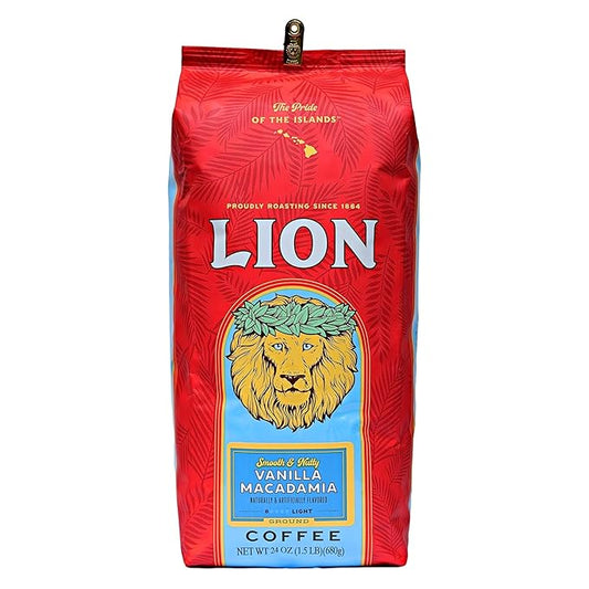 Lion Coffee Vanilla Macadamia Flavored Ground Coffee, Light Roast, Hawaiian Inspired Taste - 24 Ounce Bag