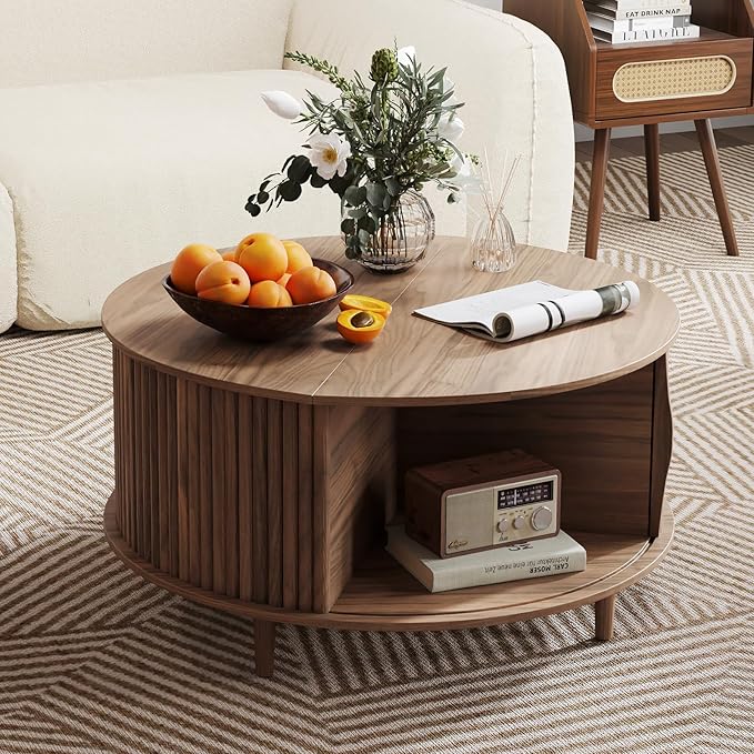 Round Coffee Table with Storage, 31.5" Fluted Center Table for Living Room, Modern Walnut Wood Circle Drum Table with Sliding Cabinet Door, Mid Century Furniture for Small Space