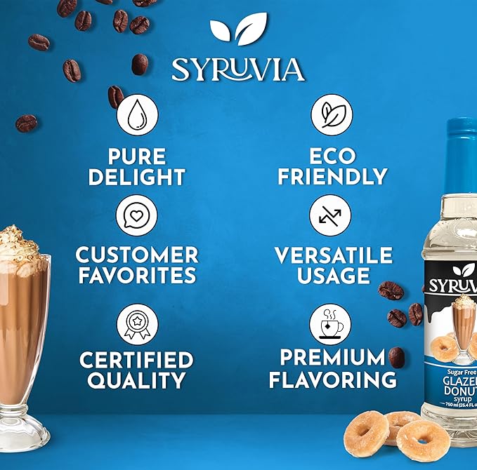 Syruvia Sugar Free Coffee Syrup, Glazed Donut Flavored Syrup for Drinks, Lattes, and Desserts – 25.4 fl oz, With Pump