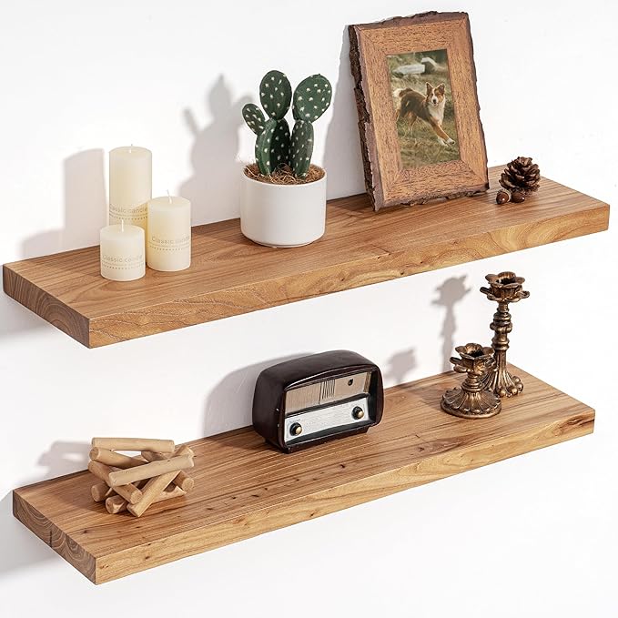 Floating Shelves for Wall Decor, 8" Deep Rustic Solid Elm Wood Floating Shelves Wall Mounted, Wall Shelves with Invisible Bracket for Living Room Bathroom Bedroom Kitchen, 30 Inch Set of 2, Natural