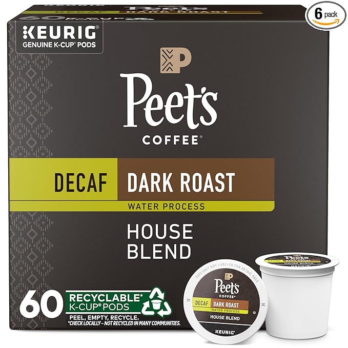 Peet's Coffee, Dark Roast Decaf Keurig K-Cup Pods, Decaffeinated Arabica Coffee - Decaf House Blend 60 Count (6 Boxes of 10 K-Cup Pods)