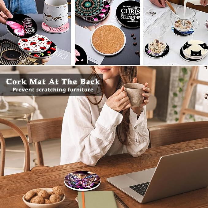 2Pack Ladybug Ceramic Coasters Absorbent Coasters for Drinks with Cork Base,Coaster for Table Office Desk Decor Coffee Cup Wine Beer Bar Cup Mat 3.9 Inch,Ladybug Gifts for Women,Men,Dad