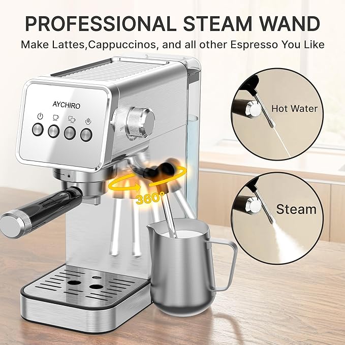Espresso Machine with Steam Milk Frother, Adjustable Espresso Machine 20 Bar, Compact Espresso Maker for Latte & Cappuccino,Detachable Water Tank/Drip Tray