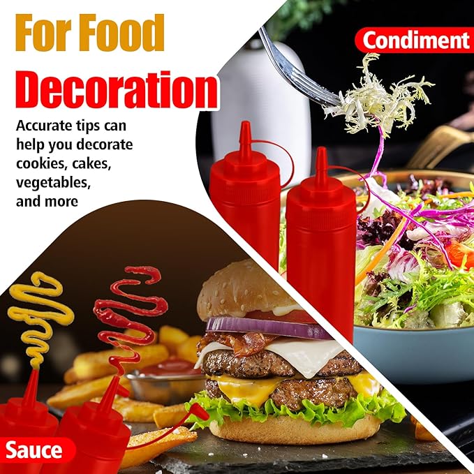 Squeeze Bottles for Sauces,Leak-Proof Condiment Dispenser, BPA-Free Kitchen Restaurant Squeeze Bottle Set with Wide Mouth for Ketchup, Mustard,Syrup,Dressings (Red, 2Pack-24oz(600ml))