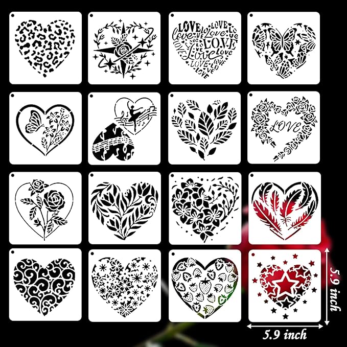 Valentines Day Cake Stencils Kit Reusable Cookie Coffee Stencil Drawing Template for Dessert Buttercream Painting Envelopes DIY Crafts Wall Floor Decor (16 Pcs Heart)