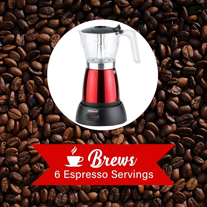 Brentwood TS-119R 550-Watt Cordless Electric Moka Pot Espresso Machine, 6-Servings (Red)