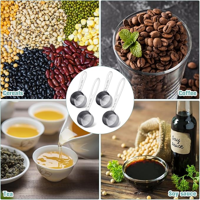 4Pcs 1/8 Cup Measuring Cup, 30ml Scoop, Stainless Steel Measuring Cups, Coffee Scoops, Measuring Scoops Tablespoon Measure Spoon, Short Handle & Long Handle Cooking Measuring Scoop(30ML)