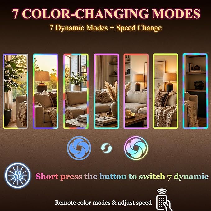 VooBang 64"x21" RGB LED Full Length Mirror, Floor Body Dressing Mirror with RGB Color Changing Lights, Standing Leaning Wall Mounted for Bedroom, Living Room