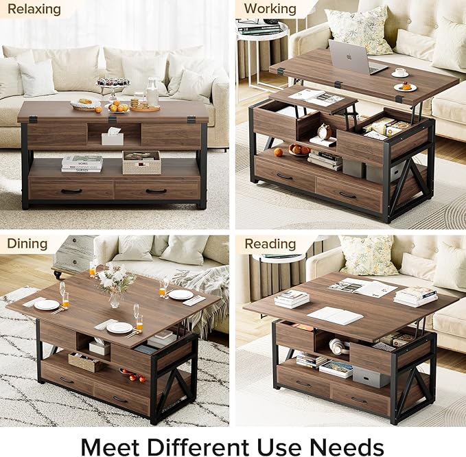 40" Lift Top Coffee Table,4 in 1 Multi-Function Lift Coffee Tables with Storage Drawers and Hidden Compartmen,Farmhouse Coffee Table with Lifting top for Living Room, Walnut