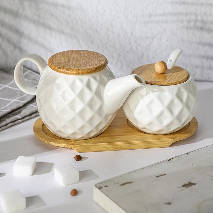 Ceramic Creamer and Sugar Sets,12oz Cream Pitcher, 7.5oz Sugar Bowl with Tray, Spoon and Lid for Cream and Sugar Spices, Condiments, Coffee Accessories,Tea