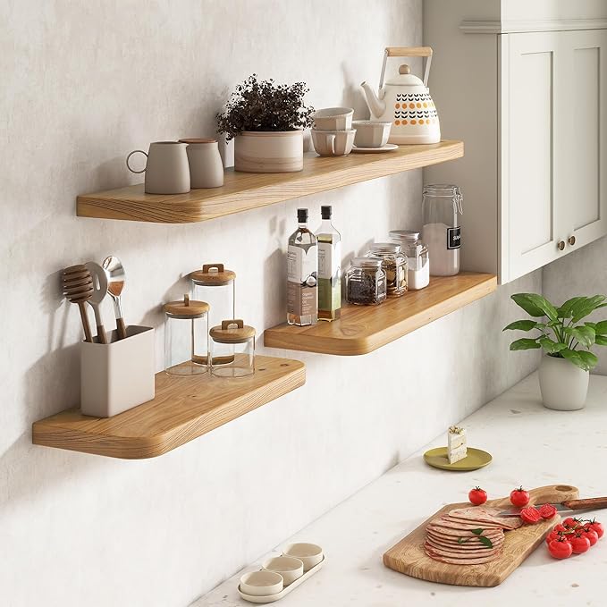 Reclaimed Elm Wood Floating Shelves for Wall Round Edge, 24"W x 9.2"D x 1.37"H, Set of 2 with Invisible Bracket, Wall Mounted Shelves for Living Room Bedroom Kitchen Bathroom Decor, Natural Finish