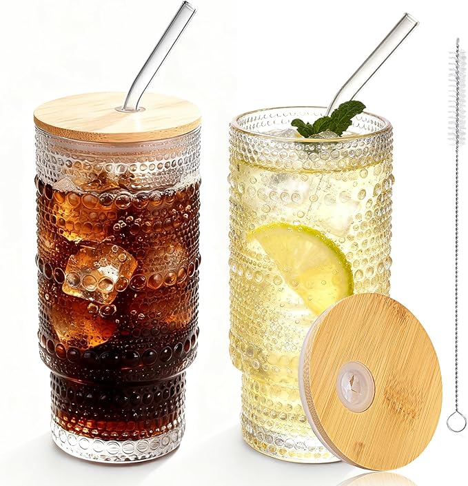 Hobnail Drinking Glasses 16 oz, 2 Pack Vintage Hobnail Glassware, Clear Water Glasses Tumbler, Kitchen Cups for Juice, Beer, Cocktail, Whiskey