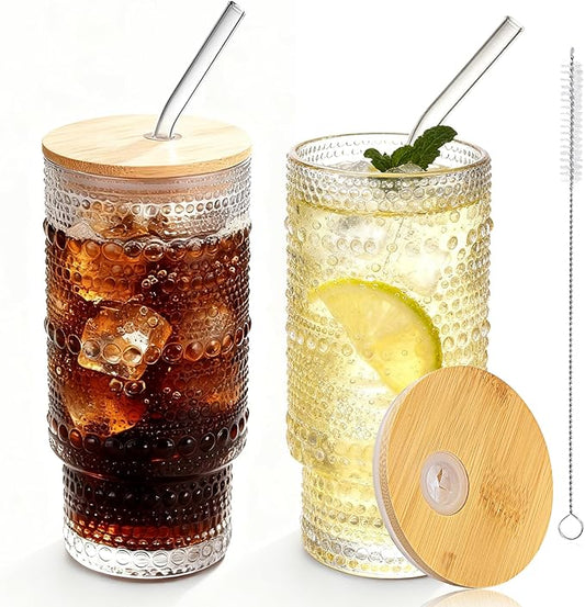 Hobnail Drinking Glasses 16 oz, 2 Pack Vintage Hobnail Glassware, Clear Water Glasses Tumbler, Kitchen Cups for Juice, Beer, Cocktail, Whiskey