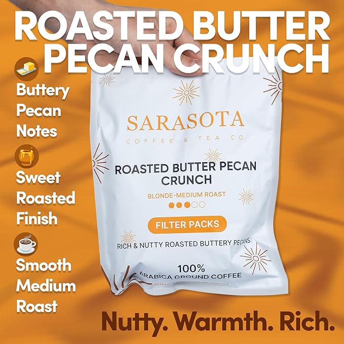 Ground Flavored Coffee In Filter Packs | Medium Roast Low Acid Mold Free Pouches | Butter Pecan Crunch Sampler Packets | Gourmet Powder Bags for 10–12 Cup Drip Maker | Highest Rated Individual Premeasured Coffee