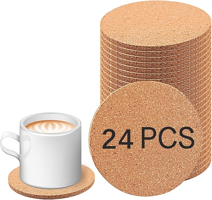 24 Pcs Cork Coasters for Drinks, Bulk Blank Coasters DIY Crafts, Non-Slip, Heat-Resistant, Absorbent and Reusable Coffee Coaster for Home Tabletop Decoration (24 Pcs)