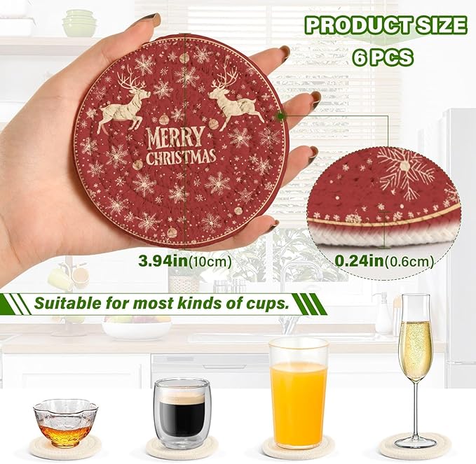 Christmas Coasters with Holder Elk Reindeer Gold Snowflakes Red Coasters Set of 6 Cotton Woven Absorbent Cup Coaster Christmas Xmas Holiday Party Table Decor 4 Inches