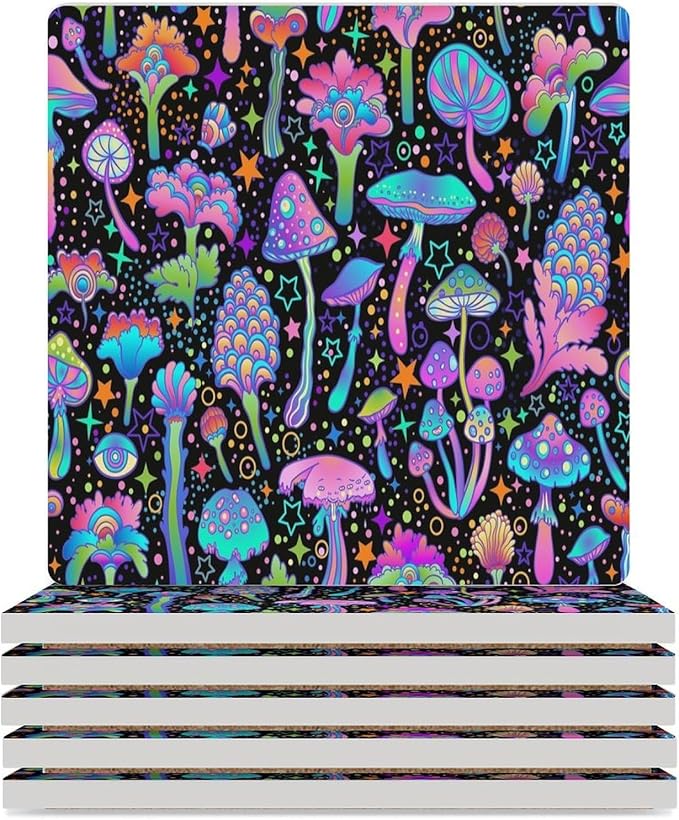 Square-6PCS Botanical Ceramic Coasters, Square Absorbent Drink Coasters, Psychedelic Fantasy Magic Colorful Trippy Botanical Mushrooms Ceramic Table Coasters for Coffee, Beverage, Wine, Beer Coasters