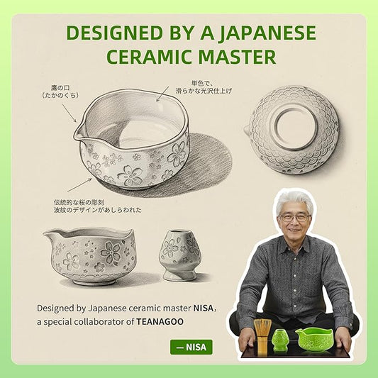TEANAGOO 7-PCS Green Matcha Whisk Set, Complete Ceremony Start Kit, Ceramic Chawan Bowl with Spout, Whisk & Accessories, Traditional Matcha Tea Set for Lattes& Gift Giving