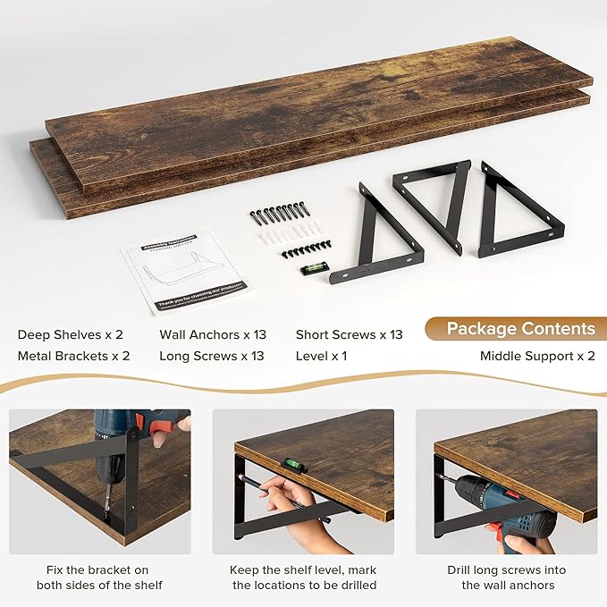 Deep Floating Shelves Wall Mounted, 48"x12" Brown Wood Shelves with Brackets Set of 2 for Bedroom, Living Room, Bathroom, Kitchen, Office - Storage & Display Shelf for Decor, Books, Plants