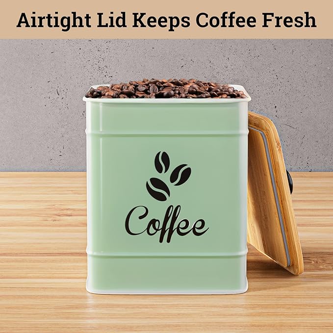 Airtight Coffee Canister - 40 oz Large Iron Sage Green Container Airtight - 6 x 8 inch Metal Jar - Stylish Countertop Container for Coffee Grounds, Beans & Pods with Rubber-Lined Bamboo Lid