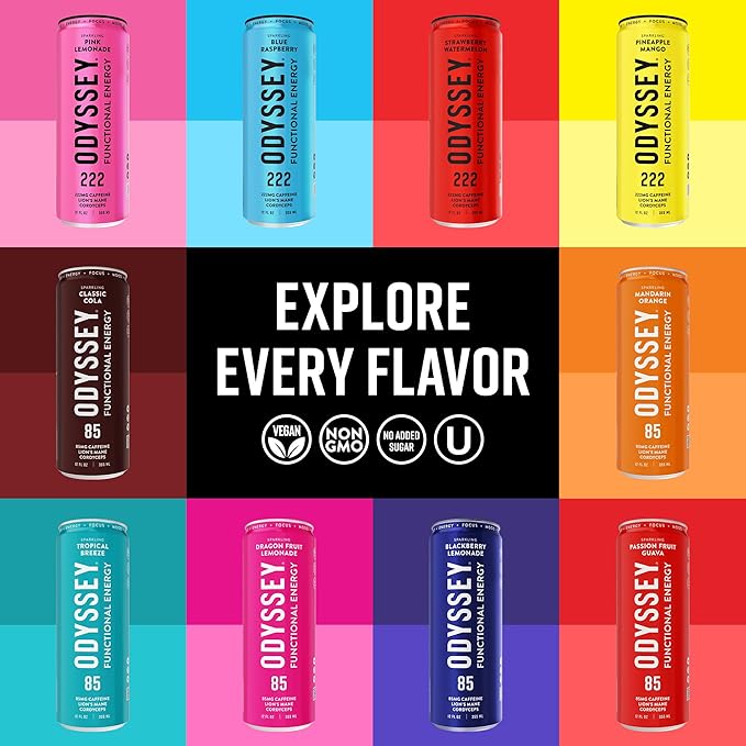 Odyssey Functional Energy Drink for Focus, Cognition & Mood Support 12 Pack - Adaptogenic Drink with 85mg Green Tea Caffeine, Lion’s Mane, Cordyceps, L-Theanine & Ginseng, Variety Pack