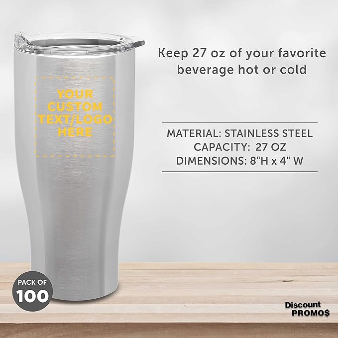 Custom Stainless Steel Grip Travel Mugs 27 oz. Set of 100, Personalized Bulk Pack - Perfect for Coffee, Soda, Other Hot & Cold Beverages - Silver