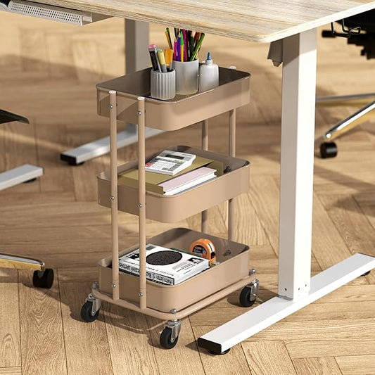 Simple Houseware 3-Tier Compact Utility Rolling Cart, Low 24” Height Fits Under Desk, Space-Saving Storage for Home Office, Dining Room, or Kitchen, Khaki