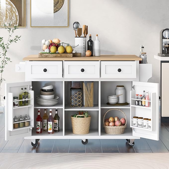 Yayzy Rolling Kitchen Island with Drop Leaf, Cabinet Door Storage Racks & 3 Drawers, Mobile Kitchen Cart with Rubberwood Top & Locking Wheels for Dining Room & Kitchen, 53-Inch, White