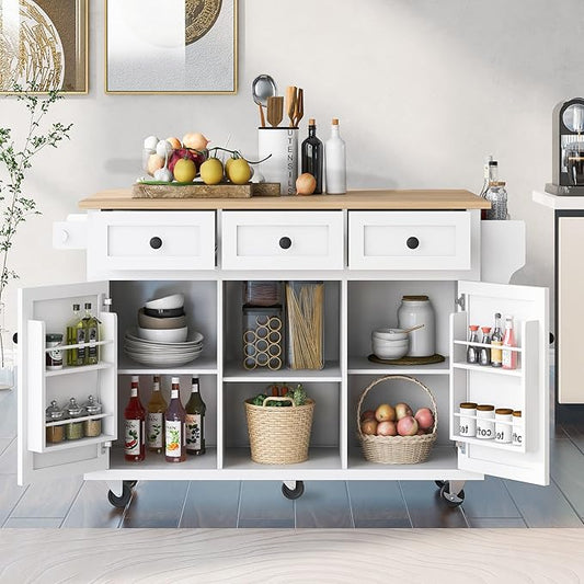 Yayzy Rolling Kitchen Island with Drop Leaf, Cabinet Door Storage Racks & 3 Drawers, Mobile Kitchen Cart with Rubberwood Top & Locking Wheels for Dining Room & Kitchen, 53-Inch, White