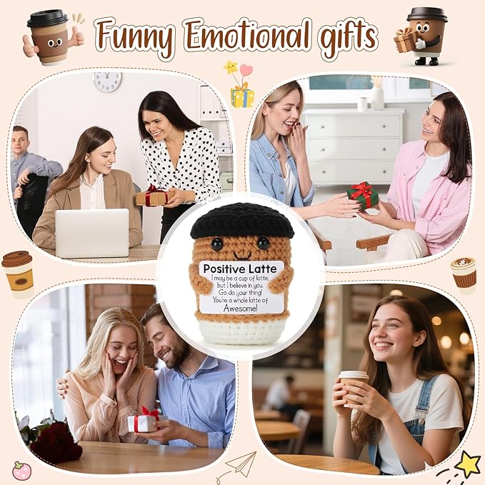 Funny Positive Valentines Day Crochet Coffee Birthday Gifts for Women Men Teacher Coworkers Friends, Thank You Appreciation Handmade Emotional Gifts for Coffee Lovers