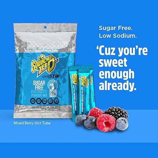 Sqwincher Zero Qwik Stik, Mixed Berry, Sugar Free, Low Calorie, Low Sodium Electrolyte Powder Hydration Drink Mix, .11 0z Packet (Pack of 50)