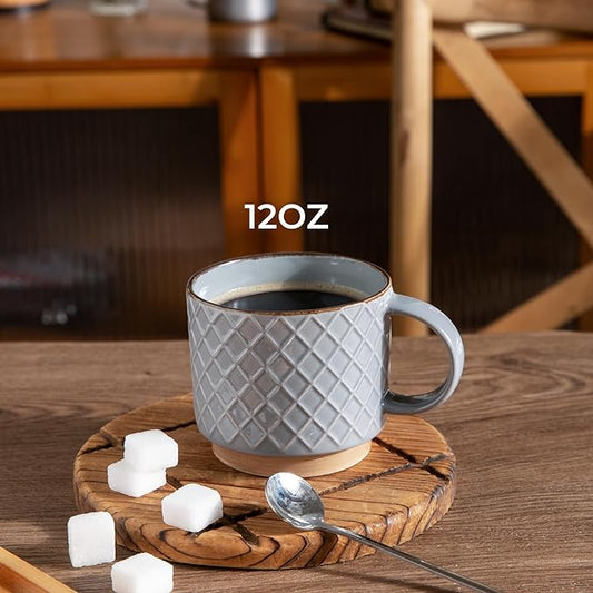 GBhome 12OZ Stackable Coffee Mugs, Ceramic Coffee Mugs with Texture Patterns for Man,Woman,Dad,Mom, Modern Coffee Cups Set of 4 for Latte/Cappuccino/Cocoa. Dishwasher&Microwave Safe, Gray