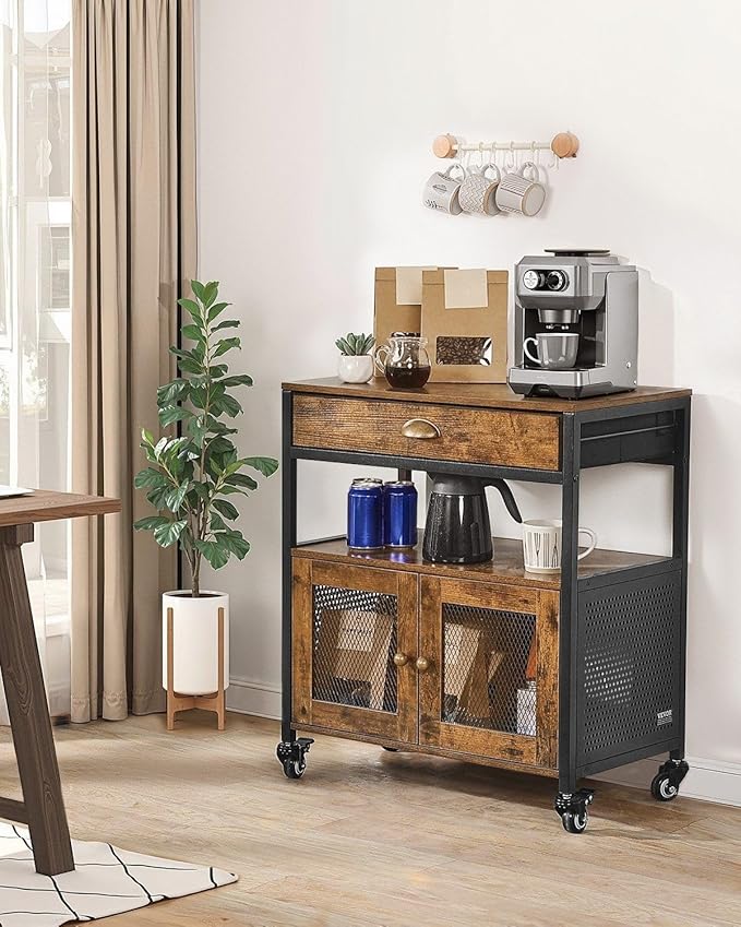 24 Inch Farmhouse Coffee Bar Cabinet with Wheels, Mobile Station with Mesh Door & Storage, Sideboard for Kitchen, Entryway, and Dining Room