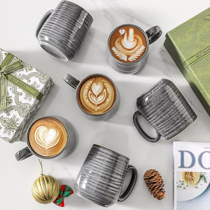 HASENSE Ceramic Coffee Mugs Set of 6, Large Coffee Cups 12 oz, Latte Mug with Large Handle for Coffee, Tea, Milk and Hot Cocoa, Easy Hold & Clean, Dishwasher & Microwave Safe, Grey