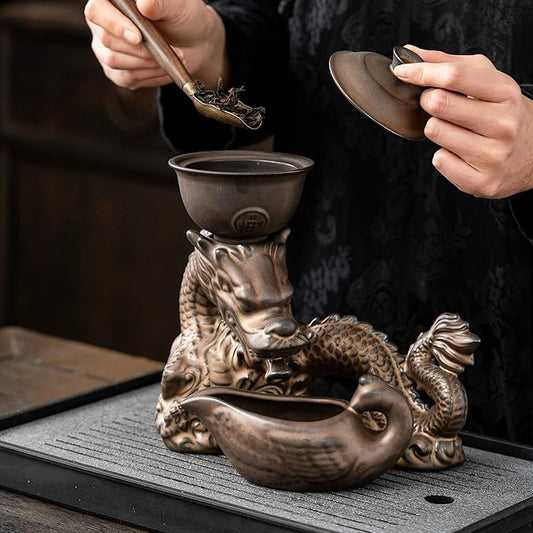 Kungfu Tea Sets Ceramic Teapot with Infuser Loose Leaf Tea Teapot with 8 cups (Antique Brass Dragon- C)