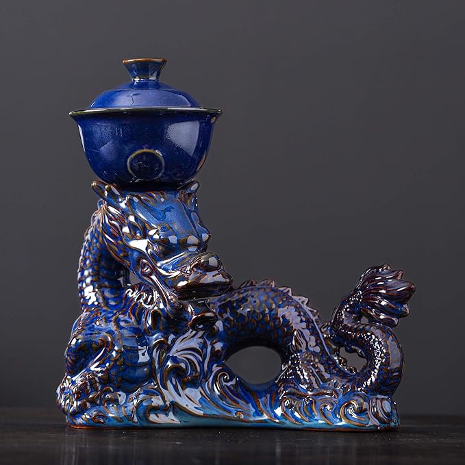 Semi Automatic Tea Set Ceramic Teapot with Infuser Magic Teapot with 8 cups Gradient Color (Dark Blue Dragon-C)