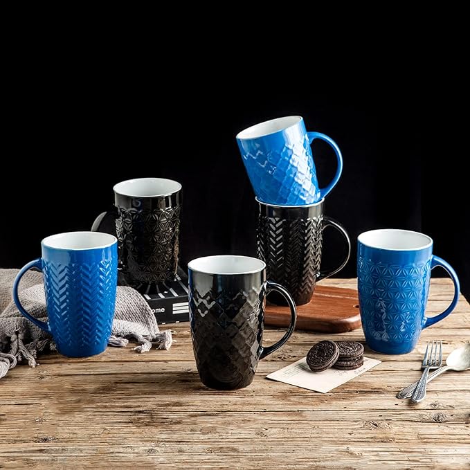 AmorArc Large Coffee Mugs Set of 6, 16oz Ceramic Tall Coffee Mugs Set with Textured Geometric Patterns for Latte/Tea/Beer/Hot Cocoa, Dishwasher & Microwave Safe, Black&Blue
