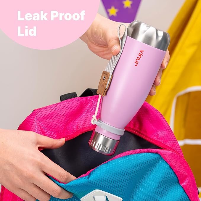 VINUR Kids 9 oz Water Bottle-Stainless Steel Insulated Mini Travel Water Bottle for Girls-Cola Shape Sports Flask with Carry Rope, Purple Pink