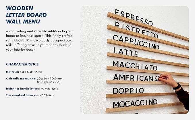 Inko Horeca Wooden Wall Letter Board - Set of 10 Oak Rails + 400 Changeable White Letters - Floating Wall Menu Display Shelf for Cafe, Bar, Kitchen, and Home Decor