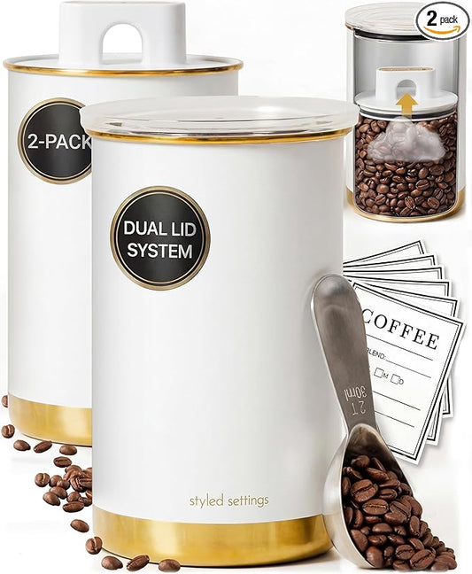 STYLED SETTINGS Vacuum Coffee Container Set – 2 Piece Coffee Jars with Lids for Beans or Grounds, White and Gold Stainless Steel Storage Canisters, Scoop & Labels Included – Coffee Gift Set